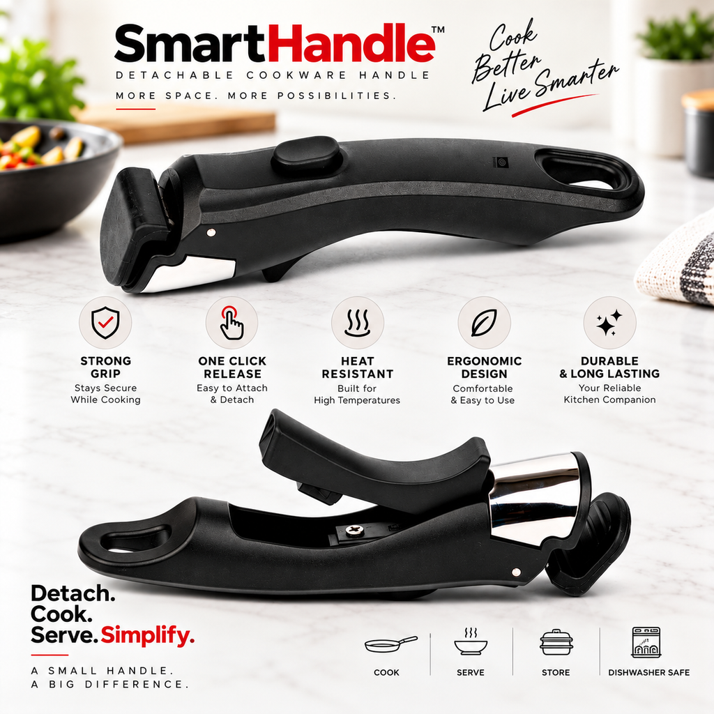 Smart Universal Detachable Pot & Pan Handler – Heat Resistant Removable Cookware Handle with Secure Lock & Anti-Slip Grip
