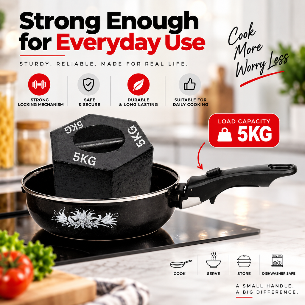 Smart Universal Detachable Pot & Pan Handler – Heat Resistant Removable Cookware Handle with Secure Lock & Anti-Slip Grip
