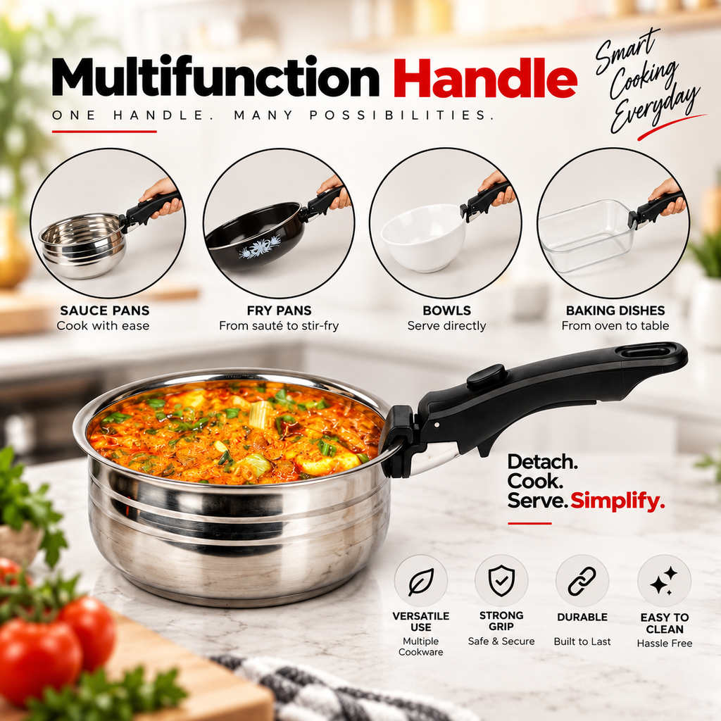 Smart Universal Detachable Pot & Pan Handler – Heat Resistant Removable Cookware Handle with Secure Lock & Anti-Slip Grip