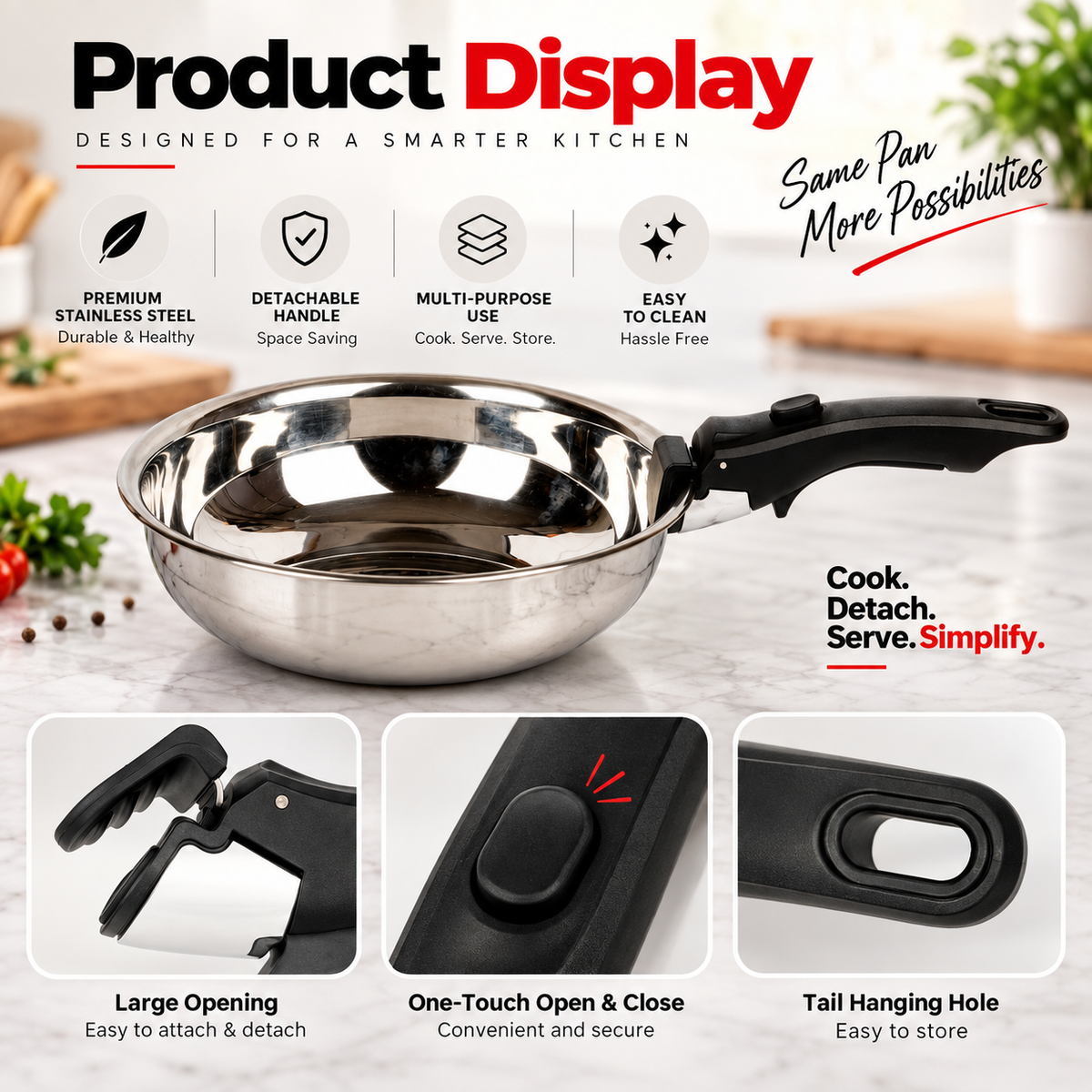Smart Universal Detachable Pot & Pan Handler – Heat Resistant Removable Cookware Handle with Secure Lock & Anti-Slip Grip