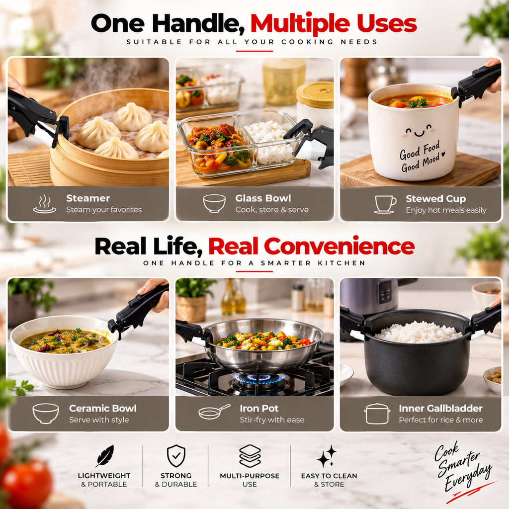 Smart Universal Detachable Pot & Pan Handler – Heat Resistant Removable Cookware Handle with Secure Lock & Anti-Slip Grip