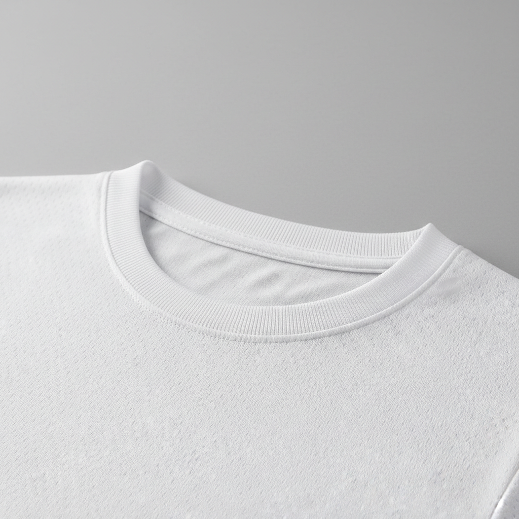 Close-up of the collar and lightweight polyester knit fabric of a white sports jersey
