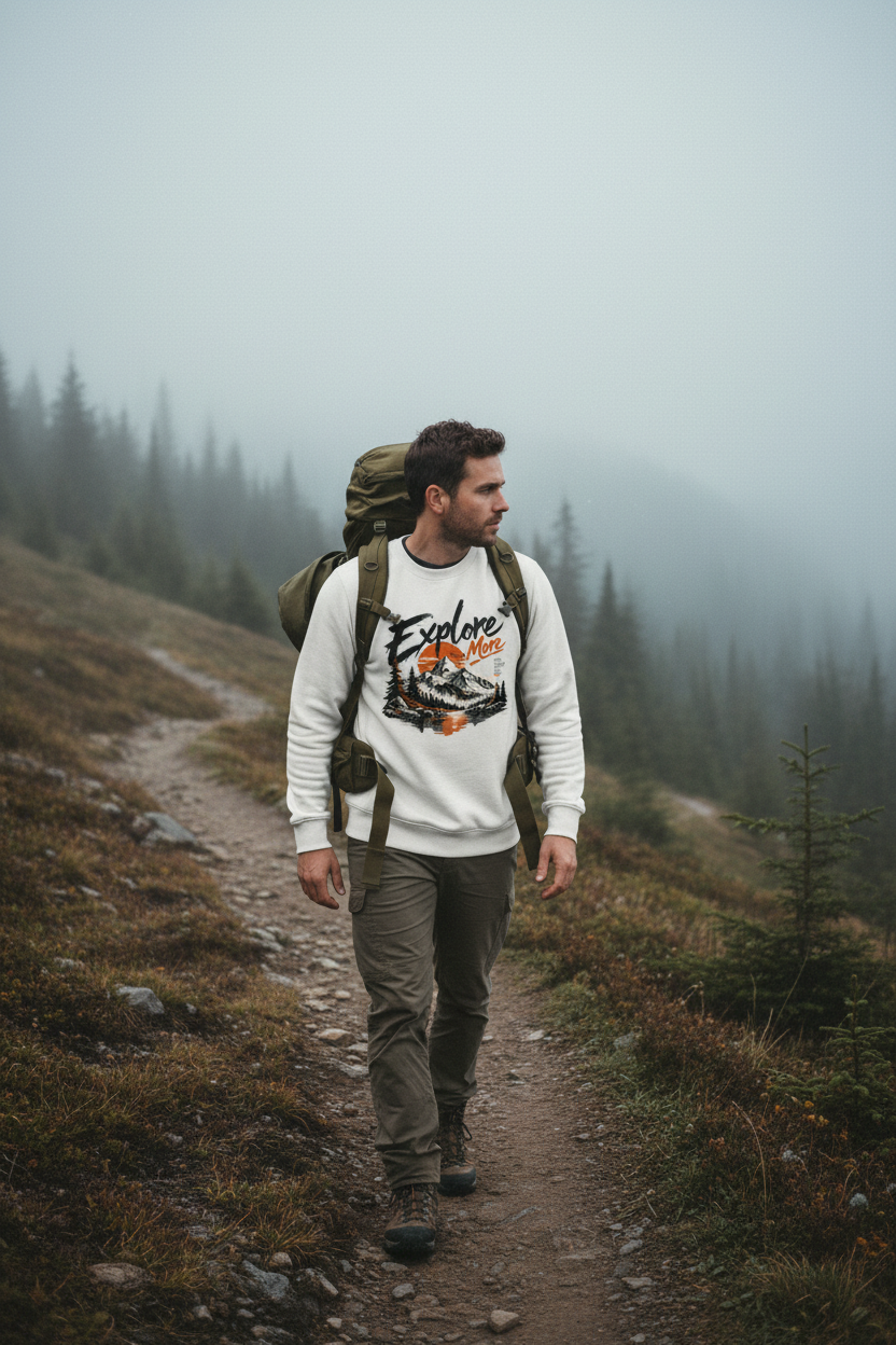 Man hiking a hillside trail in a white Explore More printed fleece sweatshirt