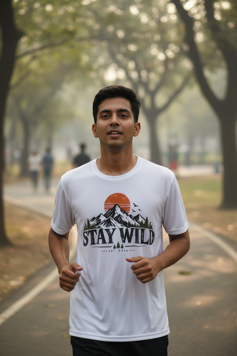 Man jogging outdoors in a white Stay Wild printed sports jersey t-shirt