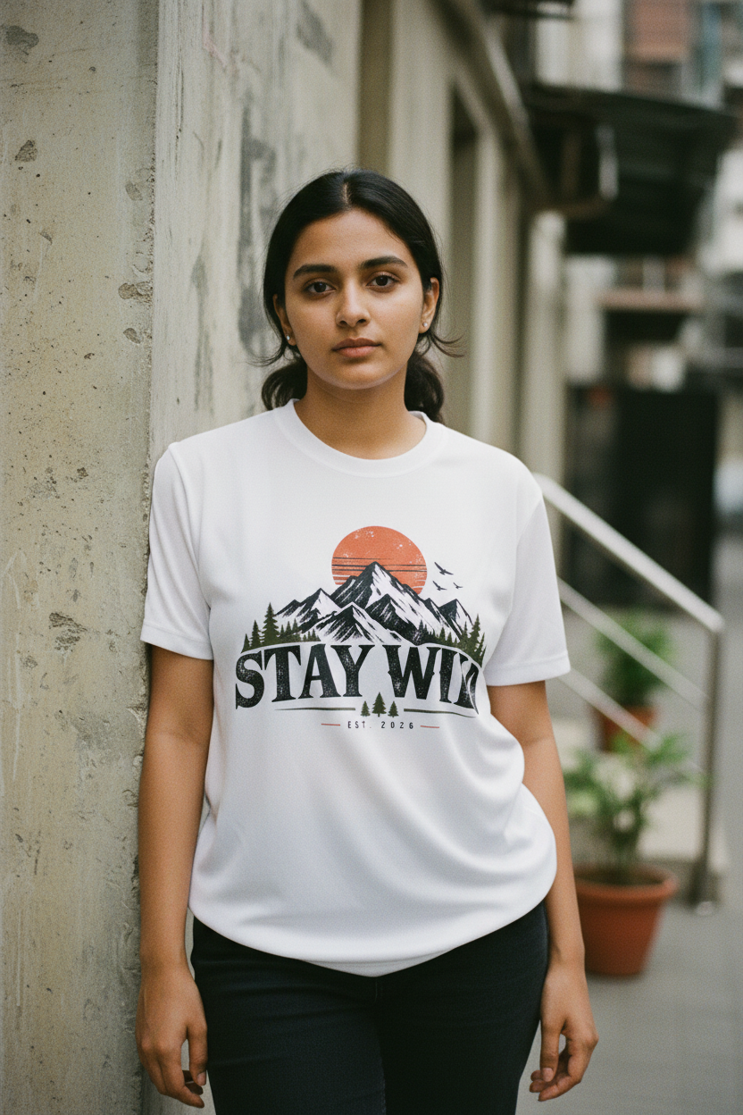 Woman standing against a wall in a white Stay Wild printed sports jersey t-shirt