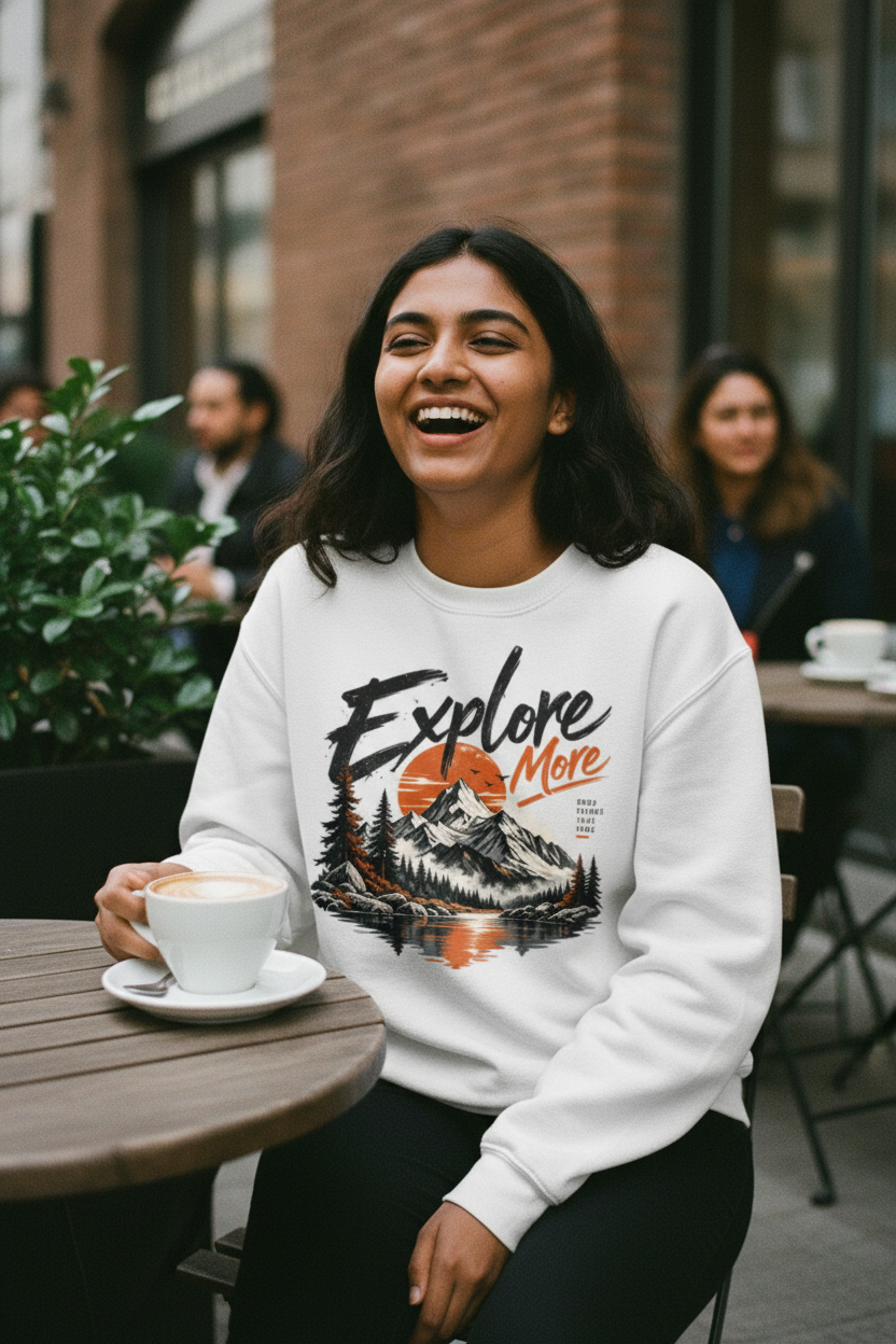 Woman at an outdoor cafe in a white Explore More printed fleece sweatshirt